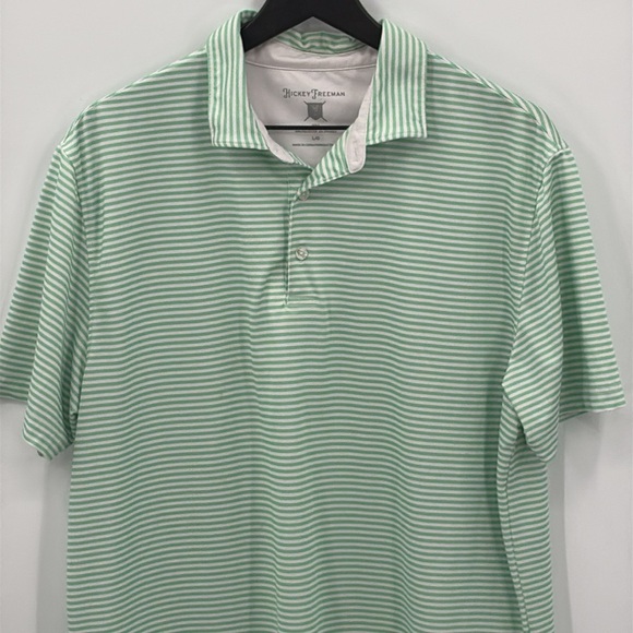 Hickey Freeman Golf Striped Short Sleeve Polo Shirt in Green & White -Size Large - Picture 2 of 6